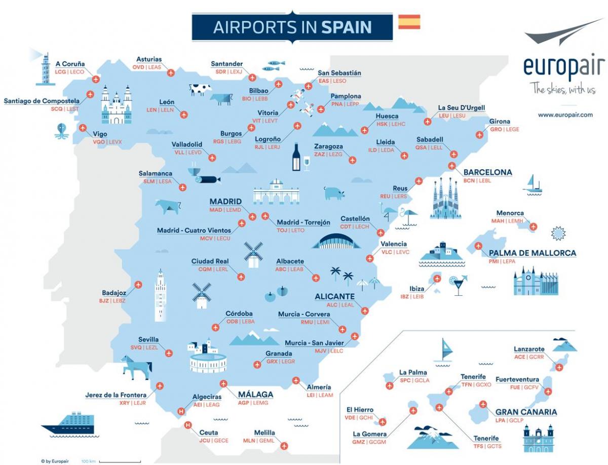 Mapa portów lotniczych w Hiszpanii